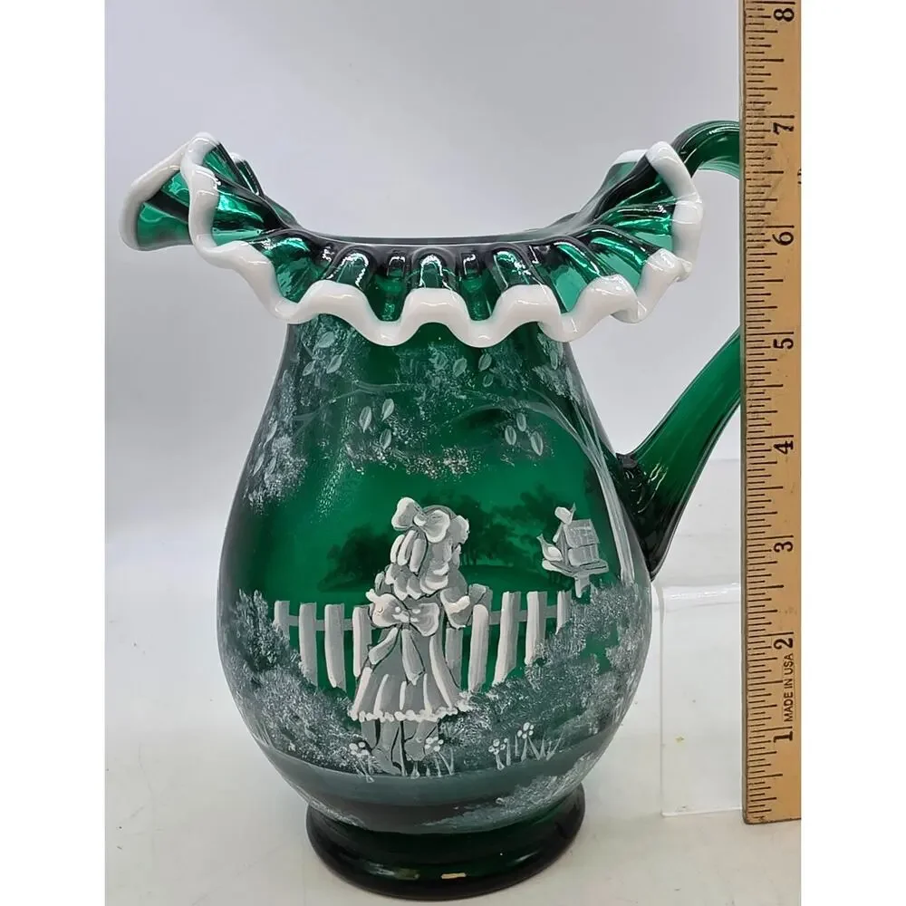 Fenton Glass Emerald Mary Gregory Snow Crest Pitcher SIGNED T KELLEY